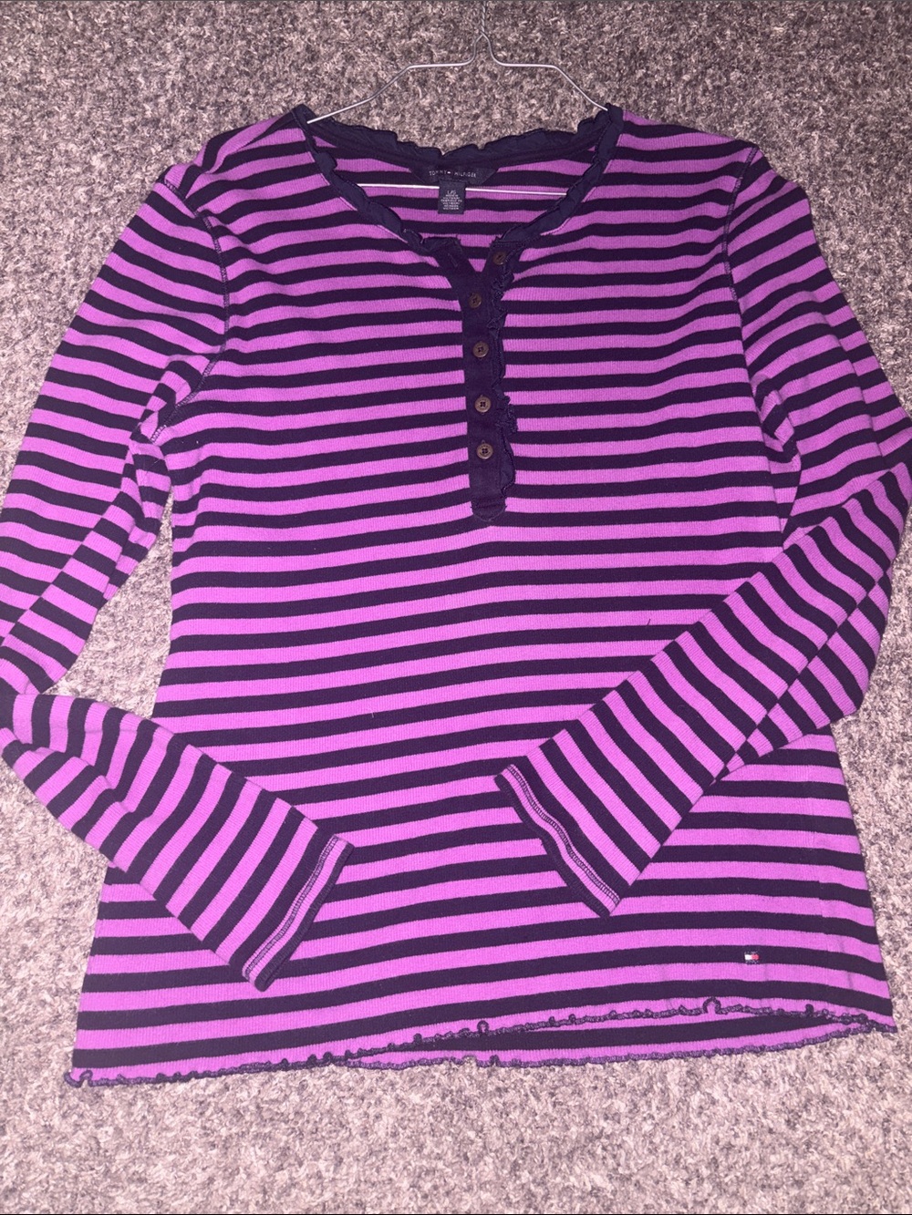 Y2K Tommy Hilfiger Purple and Black Striped Long-Sleeve Henley